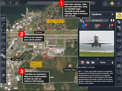 The app uses GPS or SPS (Sensor Positioning System) to know where you’re at in your drawing plan with or without connectivity to the Internet, satellites, cell towers or wifi.