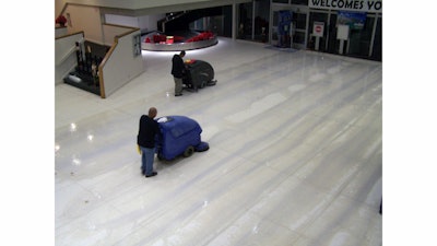 During the restoration process, two, 32' auto-scrubbers were used, a Surtec auto-scrubber and a Clarke auto-scrubber. These were also used to strip the floor, and used with diamond pucks to polish to the 3,000 grit finish.