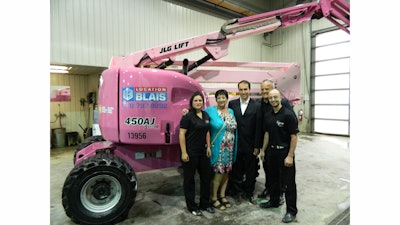 From left to right: Christina Bolduc; Denise Racette, breast cancer patient and mother of Serge Blais; Serge Blais, Jr., Location Blais owner; Marc Blais, Location Blais president and GM; and Olivier Gauthier, Canadian Cancer Society Quebec Division