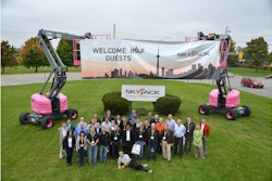 Skyjack kicked off the month-long campaign by welcoming visitors with an arch made up of two pink SJ63 AJ articulating booms at its Guelph, Ontario headquarters.