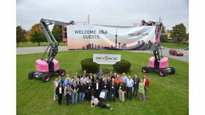 Skyjack kicked off the month-long campaign by welcoming visitors with an arch made up of two pink SJ63 AJ articulating booms at its Guelph, Ontario headquarters.