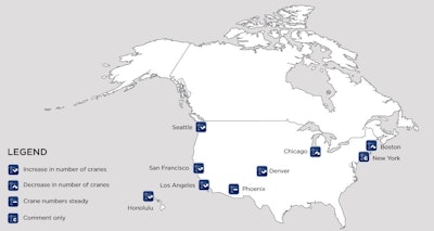 The RLB CraneIndex, published biannually, tracks the number of fixed cranes in major cities across North America. The Index provides a good indication of the current state of the construction industry’s workload in each of these locations.