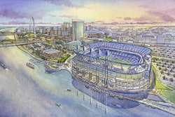 HOK and 360 Architecture’s plan for a new St. Louis football stadium on the Mississippi River.