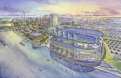HOK and 360 Architecture’s plan for a new St. Louis football stadium on the Mississippi River.
