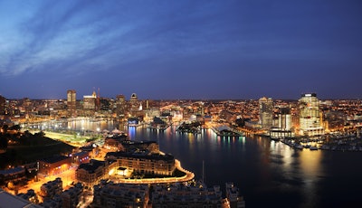 Baltimore skyline at night.