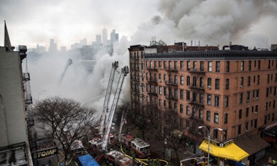 This photo from 4 NBC New York shows smoke after construction workers allegedly hit a gas line causing a massive fire and explosion which resulted in the collapse of three buildings and at least 25 injuries.