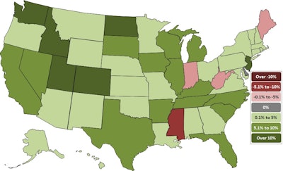Thirty-three states added construction jobs between January and February and 17 states lost jobs for the month. The map above shows employment data by state.
