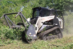 Surgical Land Clearing uses a 111-hp Terex PT-110 Forestry compact track loader with a Loftness brush cutter attachment to cut through undergrowth and trees up to 8 in. in diameter.