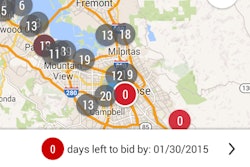 Nearby active construction projects are displayed as “job dots” on a map, and contractors can instantly find out not only where the job is but also when it is, job size, project stage, construction type and bid date.