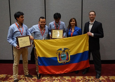 The first place winner in the Structure Type 1 Category (Straight Prismatic Beam) is Universidad Central del Ecuador. Pictured is Edwin Ivan Cahuatijo Sojos, Verónica Yolanda Torres Cueva, Verónica Alexandra Castro Cerón, Juan Carlos Cajamarca Chauca, Erick Fernando Zumárraga Potosi.