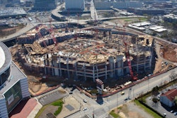 In March 2015, construction on the new Atlanta Falcons football stadium included progress on the concrete formwork and reinforcement steel from the upper suite level to concourse 3 as well as the elevated concrete work above the field level on the south side.