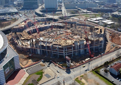 In March 2015, construction on the new Atlanta Falcons football stadium included progress on the concrete formwork and reinforcement steel from the upper suite level to concourse 3 as well as the elevated concrete work above the field level on the south side.