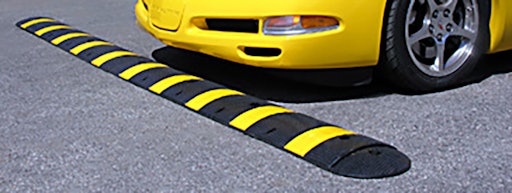 Safety-Striped Rubber Speed Bumps From: Simon Marketing Group LLC dba  Parking Lot Safety Solutions