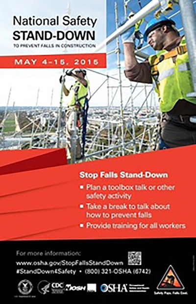 The purpose of the National Fall Prevention Stand-Down is to raise awareness of preventing fall hazards in construction. Fatalities caused by falls from elevation continue to be a leading cause of death for construction workers and are often preventable.