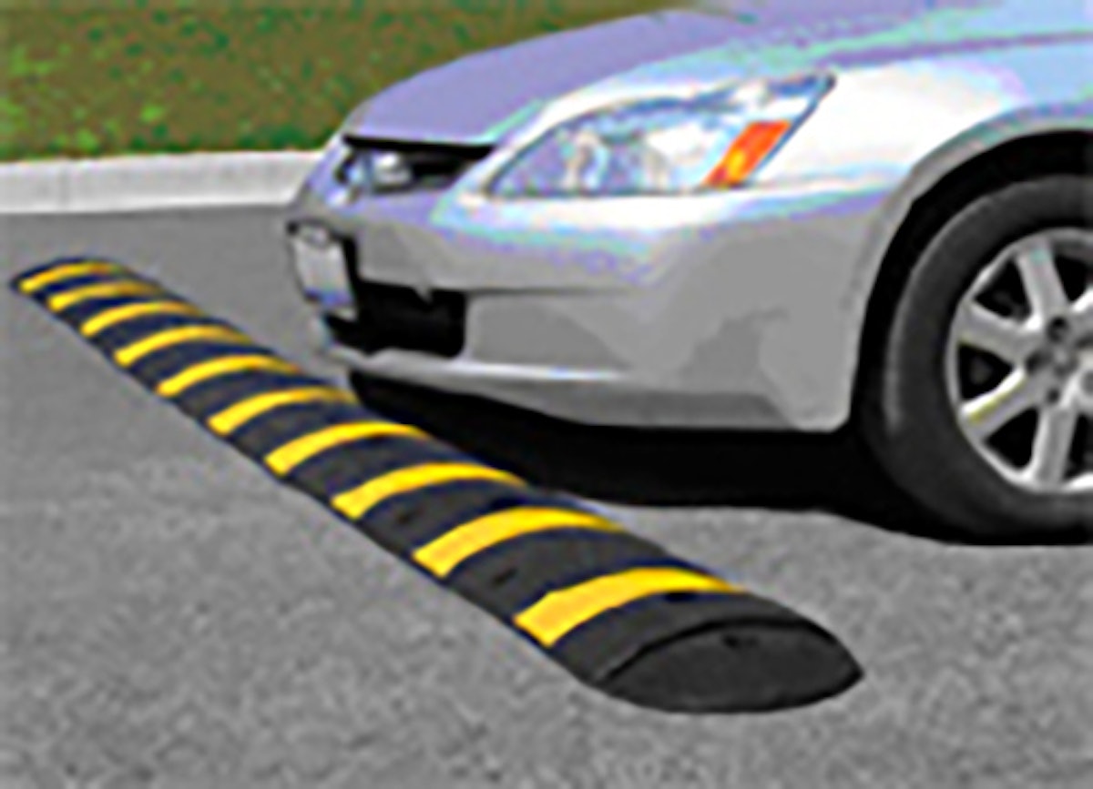 Safety-Striped Rubber Speed Bumps From: Simon Marketing Group LLC dba  Parking Lot Safety Solutions
