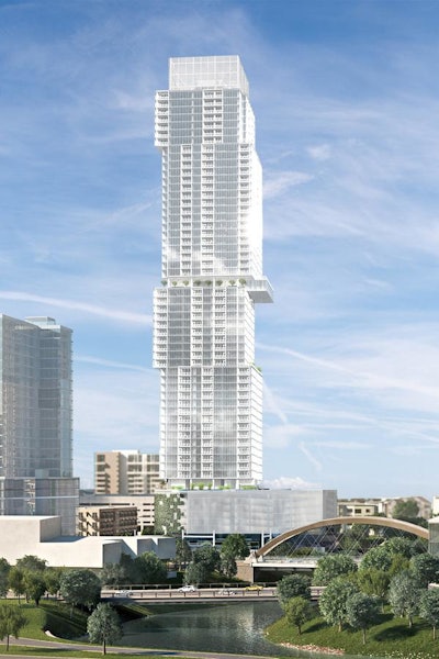 The Independent residential tower planned for Austin, Texas, is designed with offset floor sections that will create a look similar to an uneven stack of books.