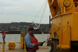 Chris Chartrey, a Traylor Bros. equipment superintendent, uses an iPad form to inspect a crane on the Tappan Zee bridge job on the Hudson River. Inspecting equipment as it leaves and arrives on sites helps Traylor assign excessive wear directly to the work that causes it, so future bids can accommodate the cost.