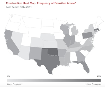 The frequency of injured employees with a high probability of painkiller abuse can be depicted by state. In general, the darker areas indicate higher frequencies of painkiller abuse among injured construction employees.