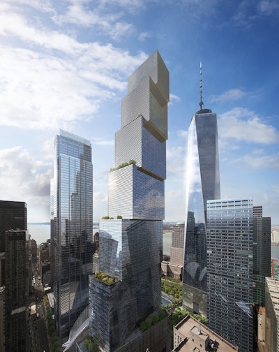 Looking up from Memorial Plaza the building will look straight, but the north and east facades will have a stepped design making the building look like it's leaning toward One World Trade Center.