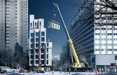 Construction workers stacked each of the separate units together at the 335 East 27th Street location. Stairs, elevators, community rooms and terraces also had to be added.