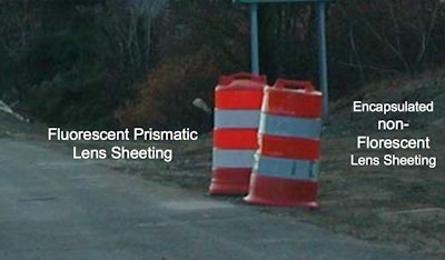 This image from the Virginia Department of Transportation demonstrates the visibility difference between florescent and non-florescent sheeting on construction barrels.