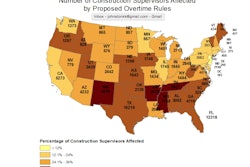 This map represents the numbers of construction supervisors, in both residential and nonresidential building, who would be affected by changing the overtime standard from $23,660 per year to $50,440 per year. The map also charts the percentage of supervisors in each state who would be affected.