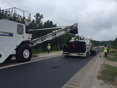 Delta S was used to pave test section (N7) at the National Center for Asphalt Technology track. They used a very aggressive mix design of 25% RAP (upper fail temp 110°C) and 5% RAS (upper fail temp of 189°C) along with a 67-22 virgin binder. Delta S was dosed at 10% to the recycled binder content.