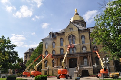 Six 660SJ and two 860SJ telescopic boom lifts are enabling workers to restore the exterior of the historic landmark, replacing failed window and mortar sealant joints, repairing cracked and damaged brick, tuck pointing, replacing decorative ornamental metal features, painting soffits, cornices, window trim, and porches, and power-washing the building’s exterior.