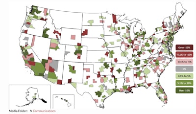 Of the 358 metro areas for which the Labor Department provides construction employment data, only 168 (47%) experienced an increase in construction employment from July 2014 to July 2015. Construction employment declined in 138 metro areas (39%) and was level in 52 metros (15%).