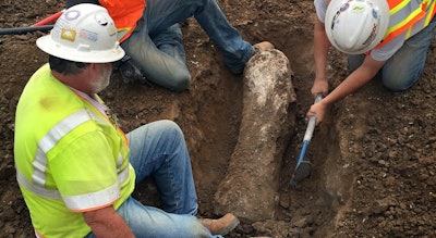 Workers dig up the fossilized bone of a prehistoric mammoth at the Quarry Creek development along state Route 78 in Carlsbad.