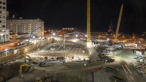 The pour began at 7:00 p.m. on a Friday night and ended just after 12:00 a.m. on a Sunday, with crews working continuously to complete the entire foundation for the project.