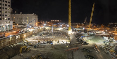The pour began at 7:00 p.m. on a Friday night and ended just after 12:00 a.m. on a Sunday, with crews working continuously to complete the entire foundation for the project.