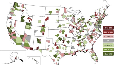 Fort Worth-Arlington, Texa,s and Las Cruces, N.M., experience the largest declines for the year. Phoenix-Mesa-Scottsdale, Ariz., and Weirton-Steubenville, W.V.-Ohio, topped the growth list .