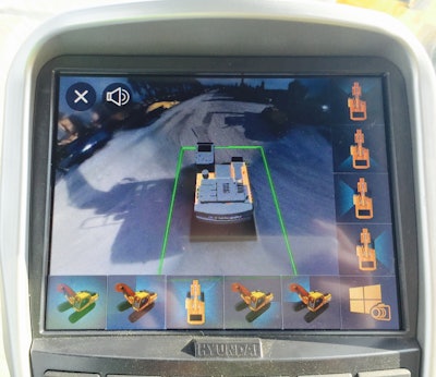 Within the cab, Hyundai’s AAVM system provides operators with a virtual, composite view that shows the machine in the center and actual images from the four cameras.
