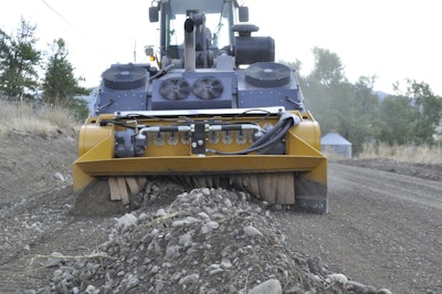 The linear crusher breaks down oversized material and blends in the fines, helping to restore gravel road for about $12,000 less per lane mile compared to traditional methods.