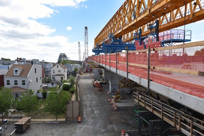 The rolling gantry crane on top of the completed first span of the new roadway for the Bayonne Bridge, Wednesday, May 13, 2015.