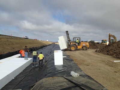 Once the foam was cut it was trucked to the site in a just-in-time-delivery strategy so that each section of blocks was unloaded from trucks in the exact order that it was needed for installation. This allowed Maggiora & Ghilotti’s crews to quickly assemble the blocks in place with minimal need for site staging or protective storage.