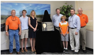 From left to right: NCAT Assistant Director/Test Track Manager Buzz Powell, Garrison Brock, Carolyn Brock, Ben Brock, Pierce Brock, NCAT Director Randy West, NCAT Director Emeritus Ray Brown.