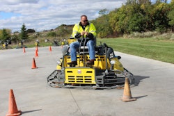 Matt Basky, concrete product solution specialist for Wacker Neuson, tests a new course layout for the 2016 Trowel Challenge competition taking place at World of Concrete, February 2-5, 2016 in Las Vegas. This year’s course has been redesigned to test operators’ precision troweling skills as well as speed.