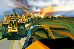 Painting by Brad Burns of 12 Caterpillar scrapers setting out to do work in Northern California (available for purchase from his website).