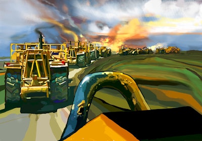 Painting by Brad Burns of 12 Caterpillar scrapers setting out to do work in Northern California (available for purchase from his website).