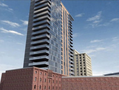 An artistic rendering of One Riverview, a high-rise condominium building to be built in downtown Newark by a group involving pro basketball superstar Shaquille O'Neal.