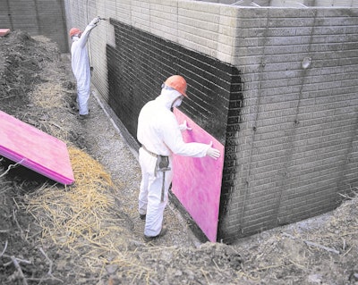 R-3 (3/4 in.) exterior insulation applied after wall forms are removed and waterproofing membrane applied.