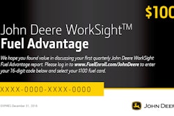 When contractors discuss the first John Deere WorkSight Fuel Advantage report with their dealer within 60 days of receiving it, they will receive a code redeemable online for a $100 personal fuel card from the participating fuel retailer of their choice.