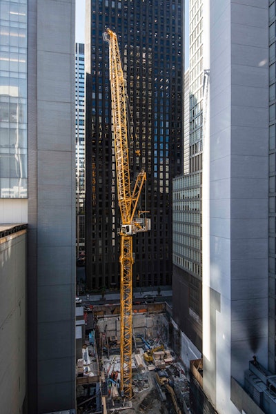 The first Liebherr crane will have a 148-ft. working radius and will climb to 430 ft. The second 710 HC-L crane will be erected during the summer of 2016 and will be mounted on a platform outside the building on the 20th floor and top climb to a height of 1,050 ft. The first crane will be used to erect the second crane, and when the first crane has completed its tasks the second crane will dismantle the first crane.