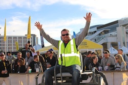 Kevin Suchy, Easy Lay Concrete, Tofield, Alberta, Canada, celebrates his winning time in the 2016 Wacker Neuson Trowel Challenge competition held at World of Concrete, February 4, 2016 in Las Vegas, Nevada.