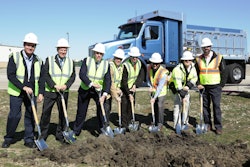 Shown during the ground-breaking ceremony are (from left to right): Ron Augustyn, Peterbilt Denton Plant Manager; Leon Handt, Peterbilt Assistant General Manager of Operations; Darrin Siver, Peterbilt General Manager and PACCAR Vice President; Chris Watts, Denton Mayor ; Jon Fortune, Denton Assistant City Manager; Jeff Sanders, Hill & Wilkinson Executive Vice President; Jared Ricker, Hill & Wilkinson Senior Project Manager; and Kirk Woltman, Hill & Wilkinson Vice President.