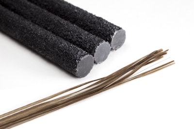 Basalt Fiber Reinforced Polymer (BFRP) rebar is new technology that holds good promise for the construction industry. Basalt rock is heated to a molten stage and formed into the fibers you see at the lower part of the photo. Then they are mixed with epoxy resins and molded into the rebar shown above.