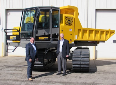 Mike Crimaldi, CEO of Terramac (left), and Andrew Konopka, President of Terramac (right), at the RT14R Tow & Show kick-off event at the company’s US headquarters in Elburn, IL.