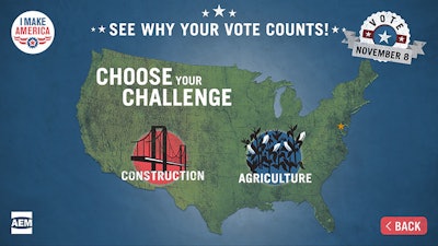 The I Make America (IMA) Game is an interactive experience intended to educate users about the manufacturing issues at stake during the 2016 campaign through several small construction and agriculture equipment-themed challenges followed by multiple choice questions that gauge their knowledge of several manufacturing issues, like infrastructure, trade and renewable fuels.
